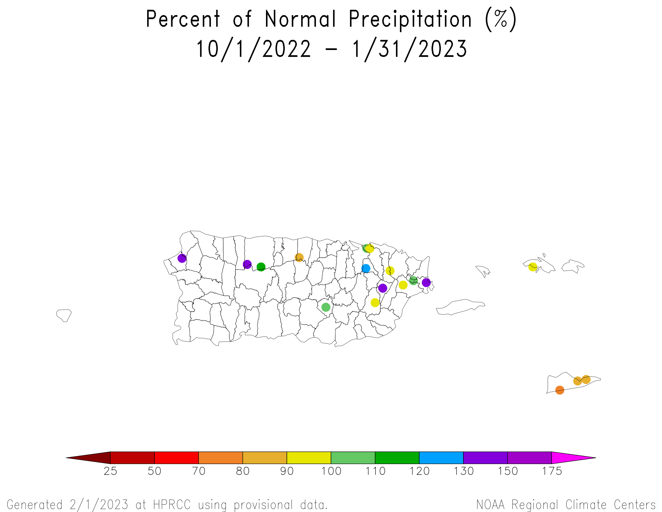 Puerto Rico and US Virgin Islands Percent of Normal Precipitation, October 2022-January 2023