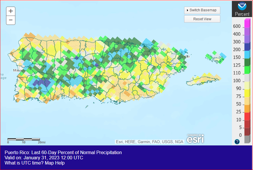 Puerto Rico Percent of Normal Precipitation, December 2022-January 2023
