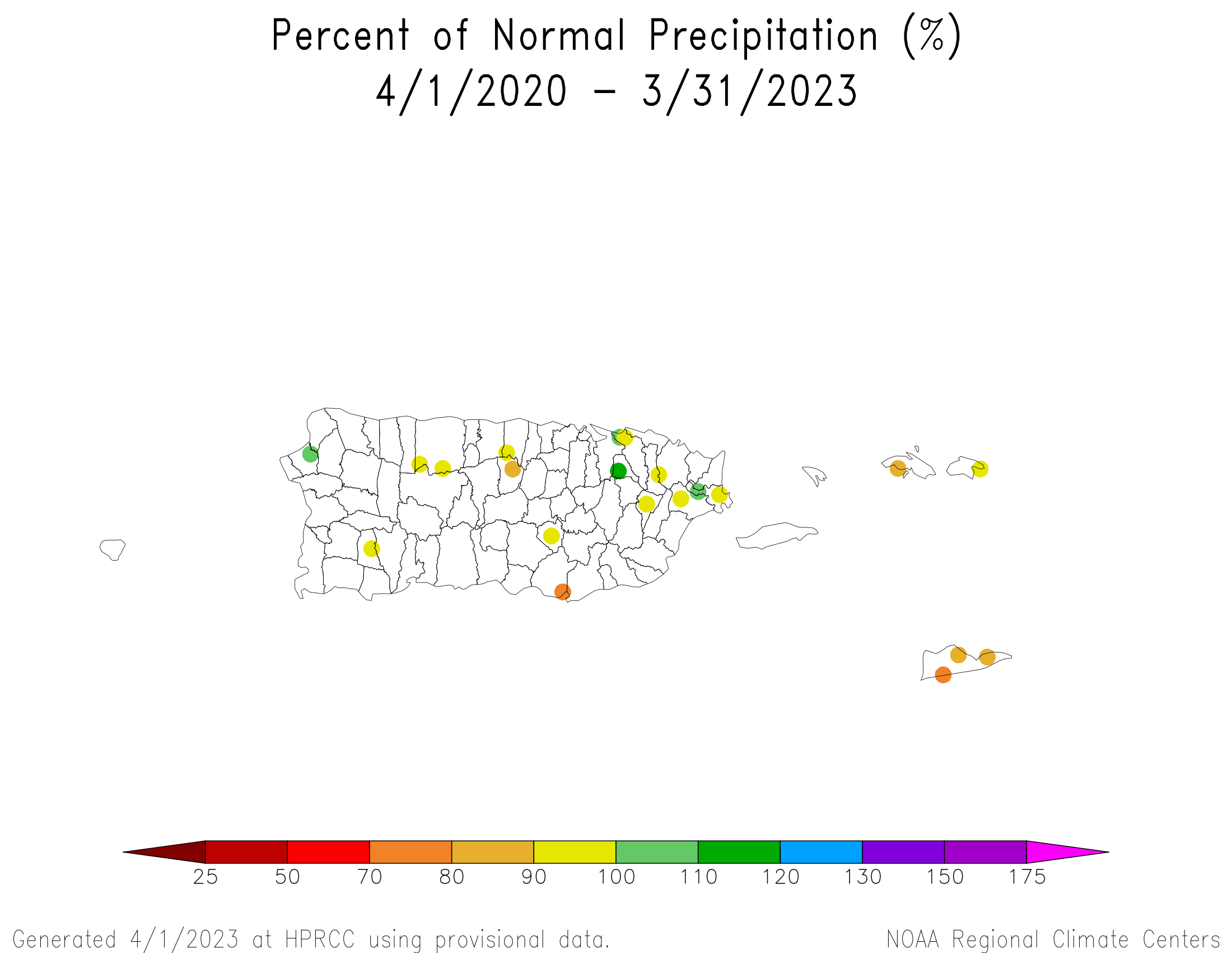Puerto Rico and US Virgin Islands Percent of Normal Precipitation, April 2020-March 2023