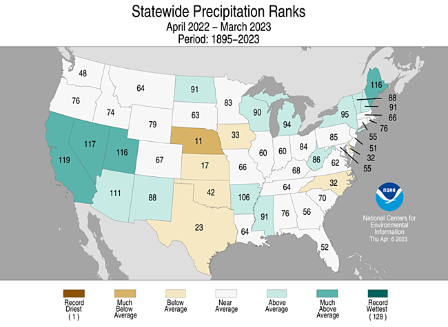 Map showing April 2022-March 2023 state precipitation ranks
