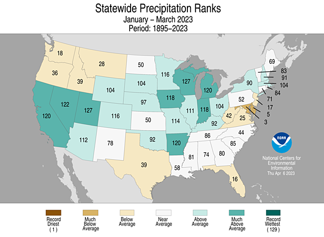 Map showing January-March 2023 state precipitation ranks