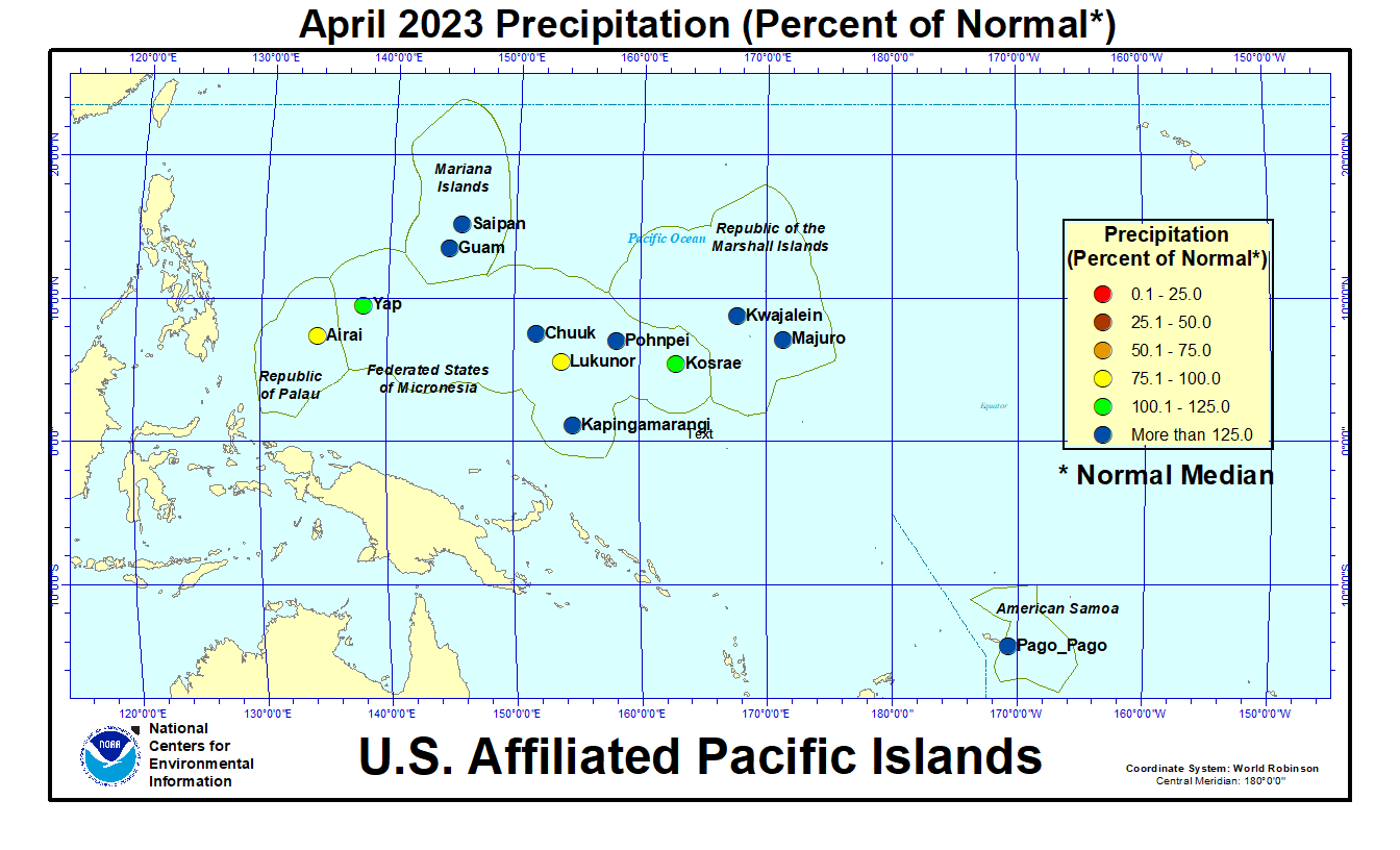 Map of USAPI April 2023 Percent of Normal Precipitation