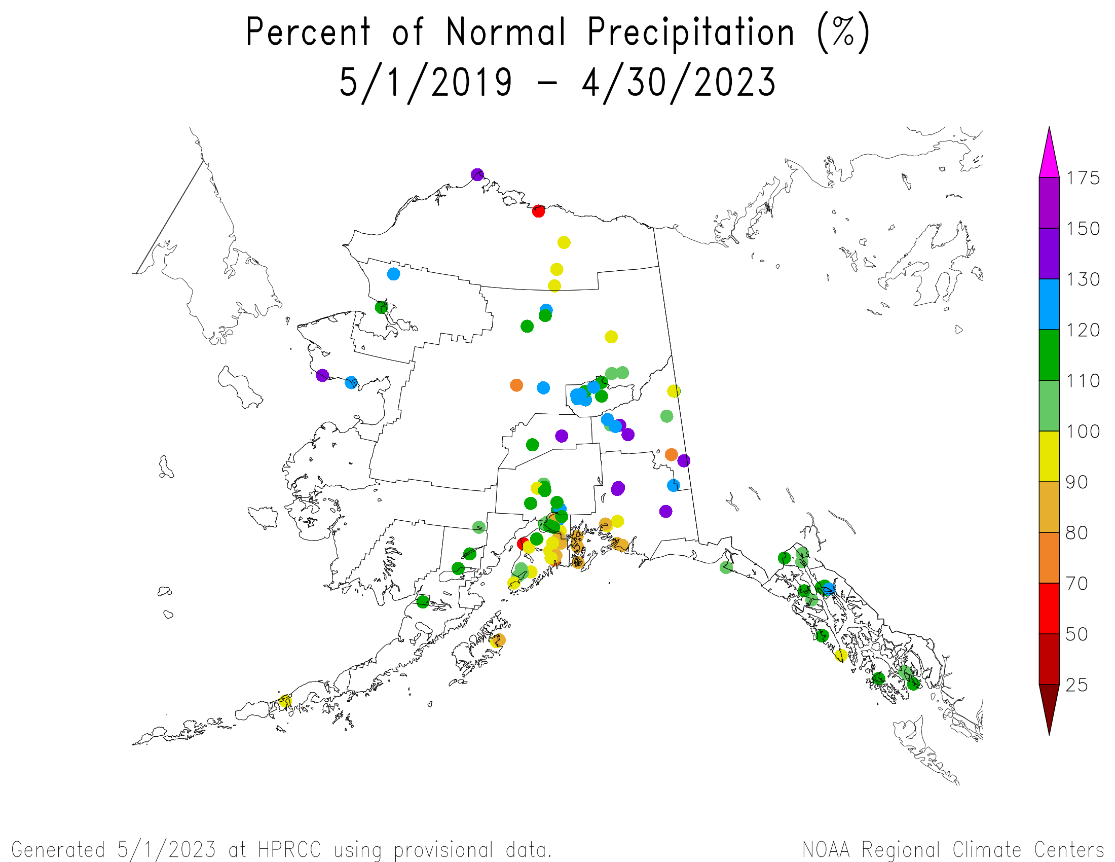 Alaska Percent of Normal Precipitation, May 2019-April 2023