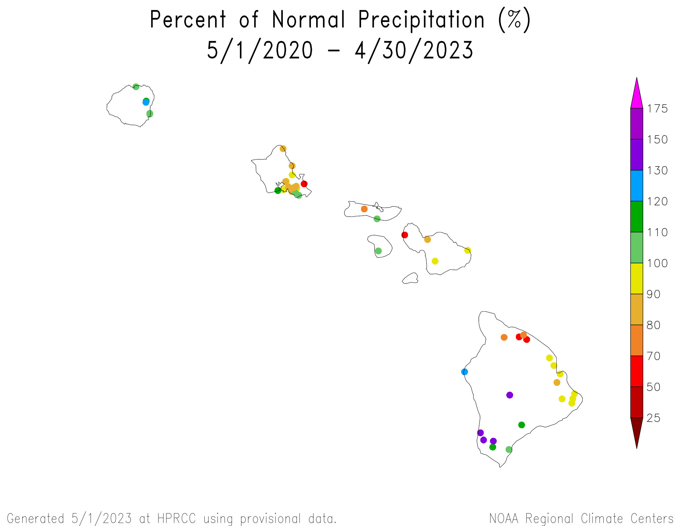 Hawaii Percent of Normal Precipitation, May 2020-April 2023