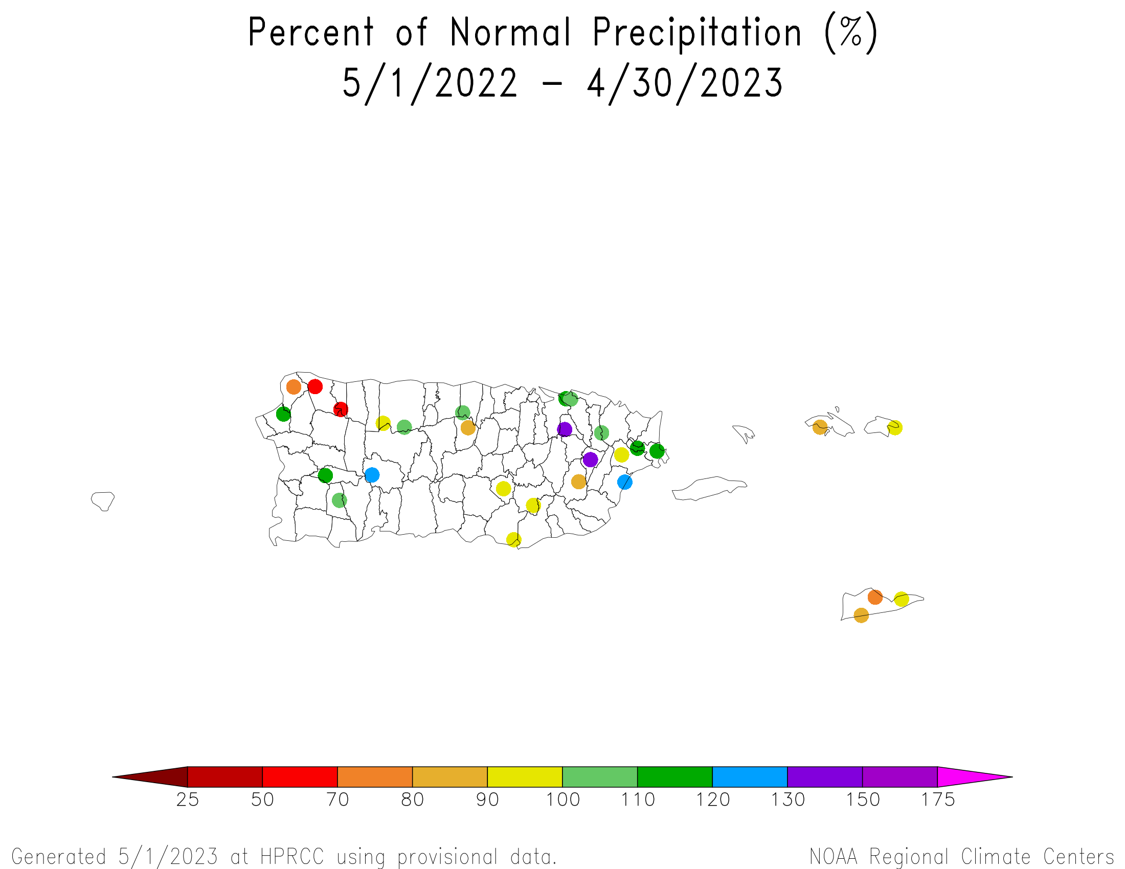 Puerto Rico and US Virgin Islands Percent of Normal Precipitation, May 2022-April 2023