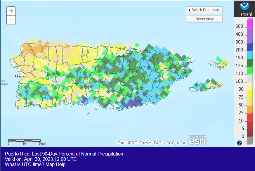 Puerto Rico Percent of Normal Precipitation, February-April 2023