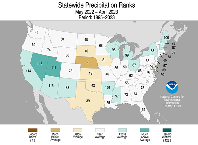 Map showing May 2022-April 2023 state precipitation ranks