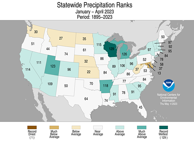 Map showing January-April 2023 state precipitation ranks