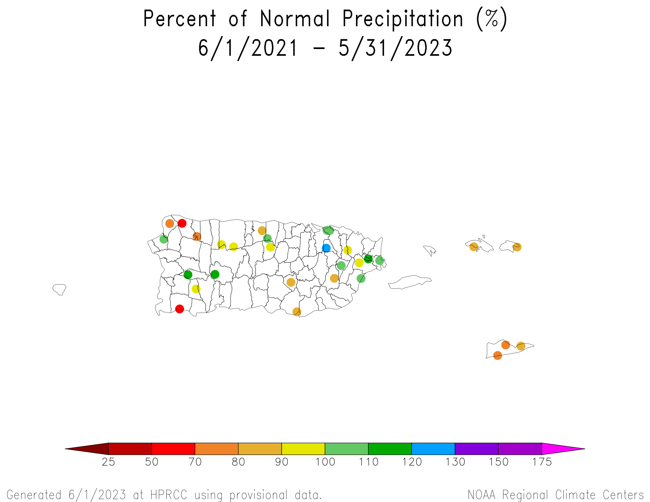 Puerto Rico and US Virgin Islands Percent of Normal Precipitation, June 2021-May 2023
