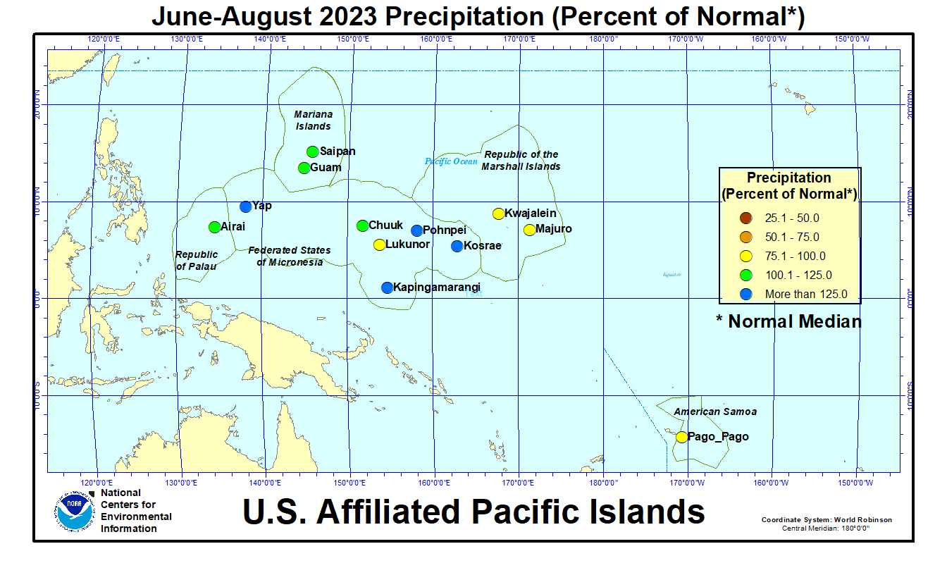 Map of USAPI June 2023-August 2023 Percent of Normal Precipitation