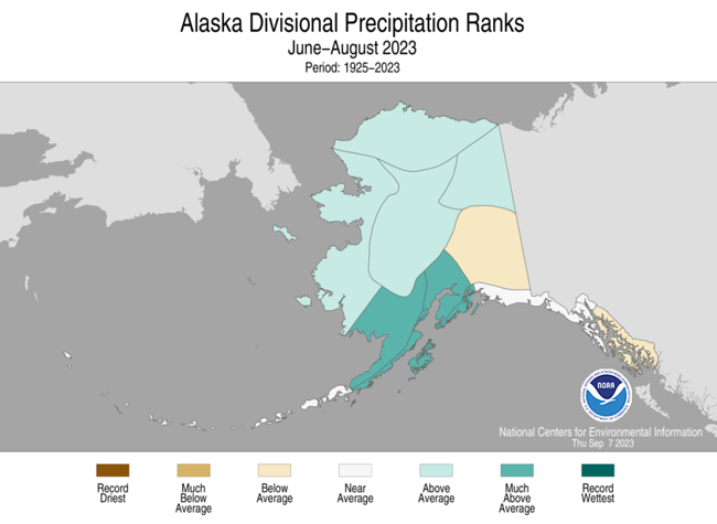 Alaska Climate Division Precipitation Ranks, June-August 2023