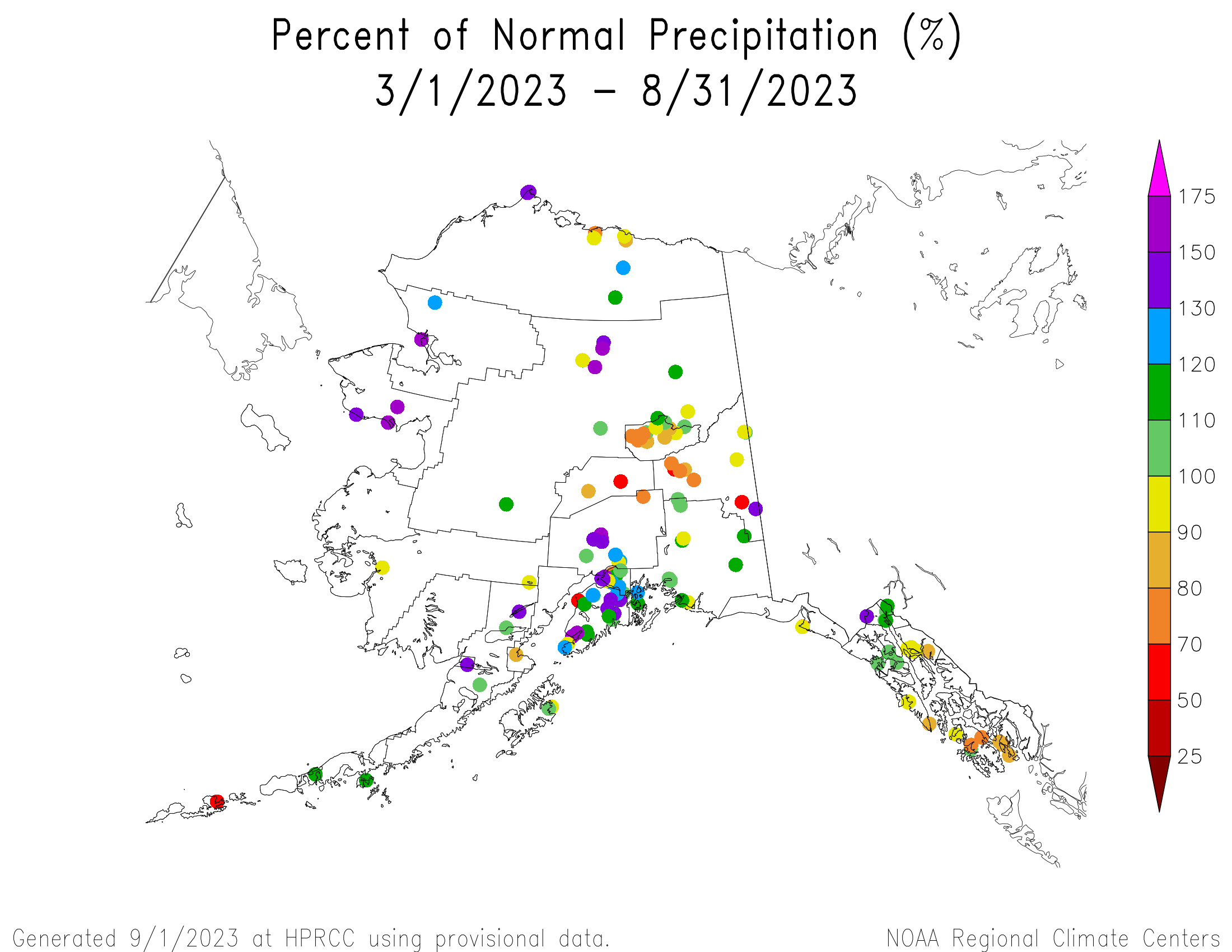 Alaska Station Percent of Normal Precipitation, March-August 2023