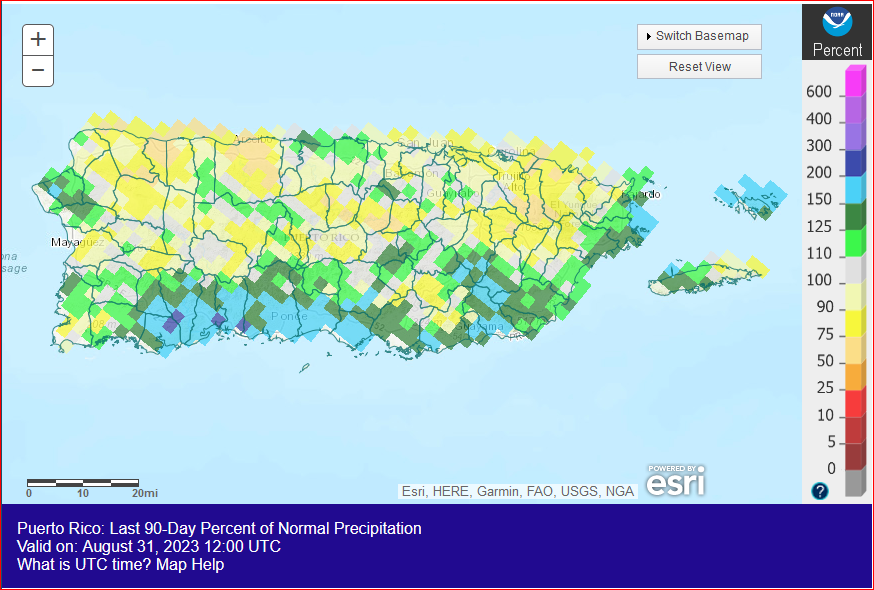 Puerto Rico Percent of Normal Precipitation, June-August 2023
