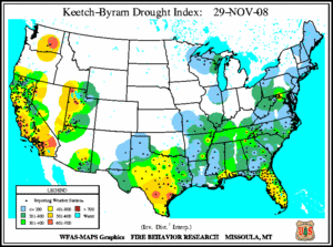 Keetch–Byram Drought map from 31 October 2008
