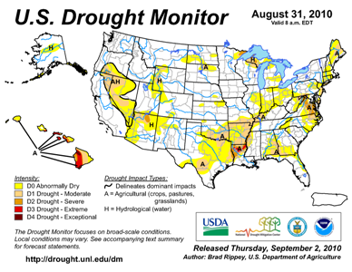 U.S. Drought Monitor map from 31 August 2010