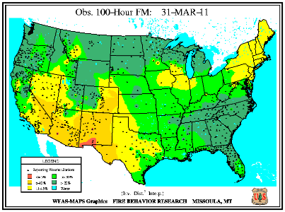 100-hr Dead Fuel Moisture Map on 31 March 2011