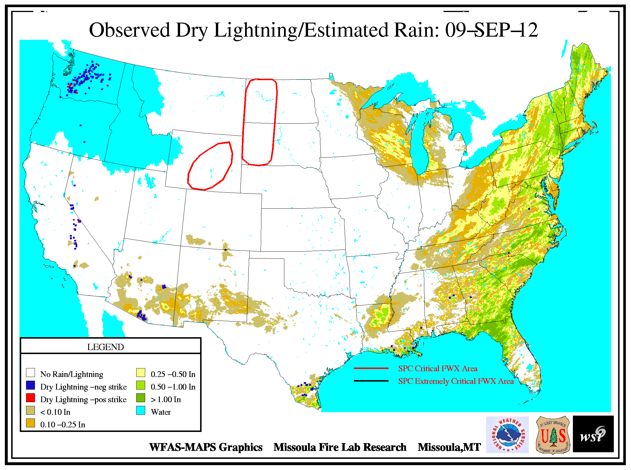 Observed Dry Lightning Strikes in U.S. on 9 September 2012