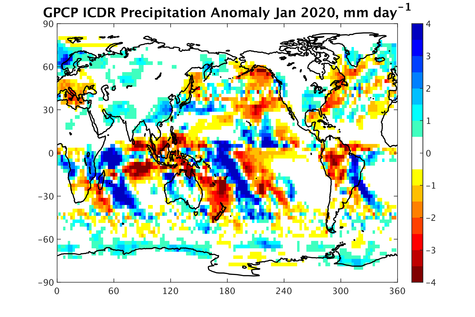 January 2020 GPCP precipitation anomalies