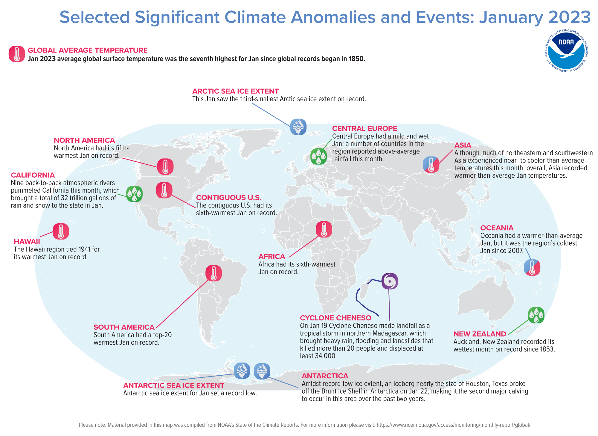 January 2023 Selected Climate Anomalies and Events Map