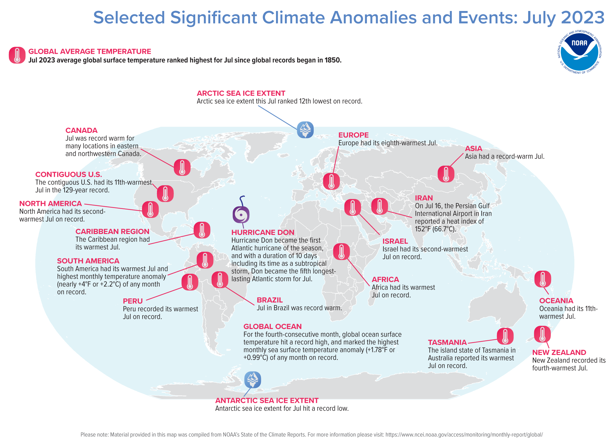 July 2023 Selected Climate Anomalies and Events Map
