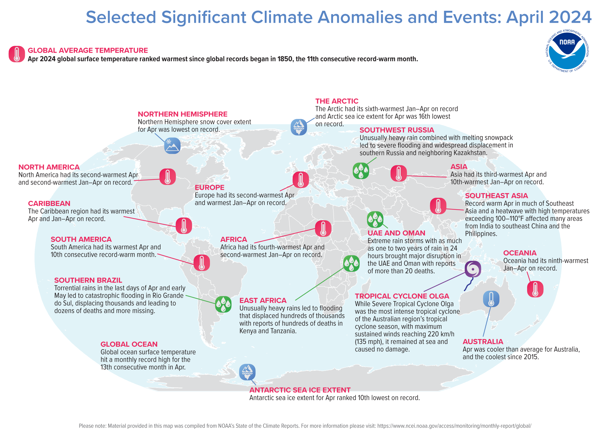 April 2024 Selected Climate Anomalies and Events Map