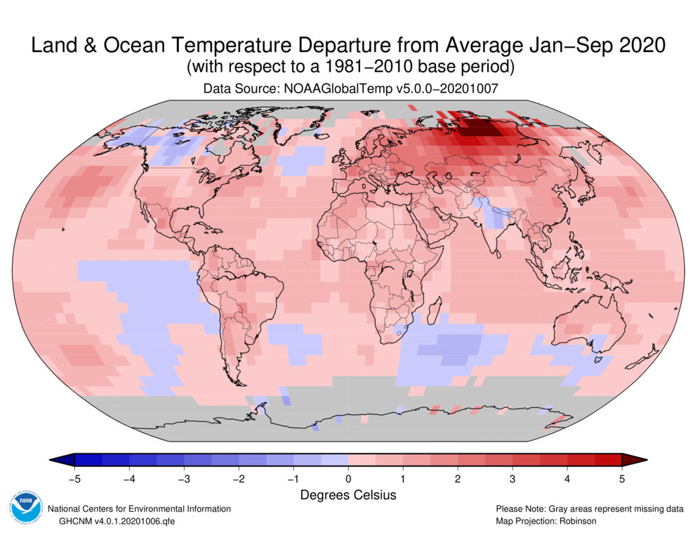 January–September 2020 Blended Land and Sea Surface Temperature Anomalies in degrees Celsius