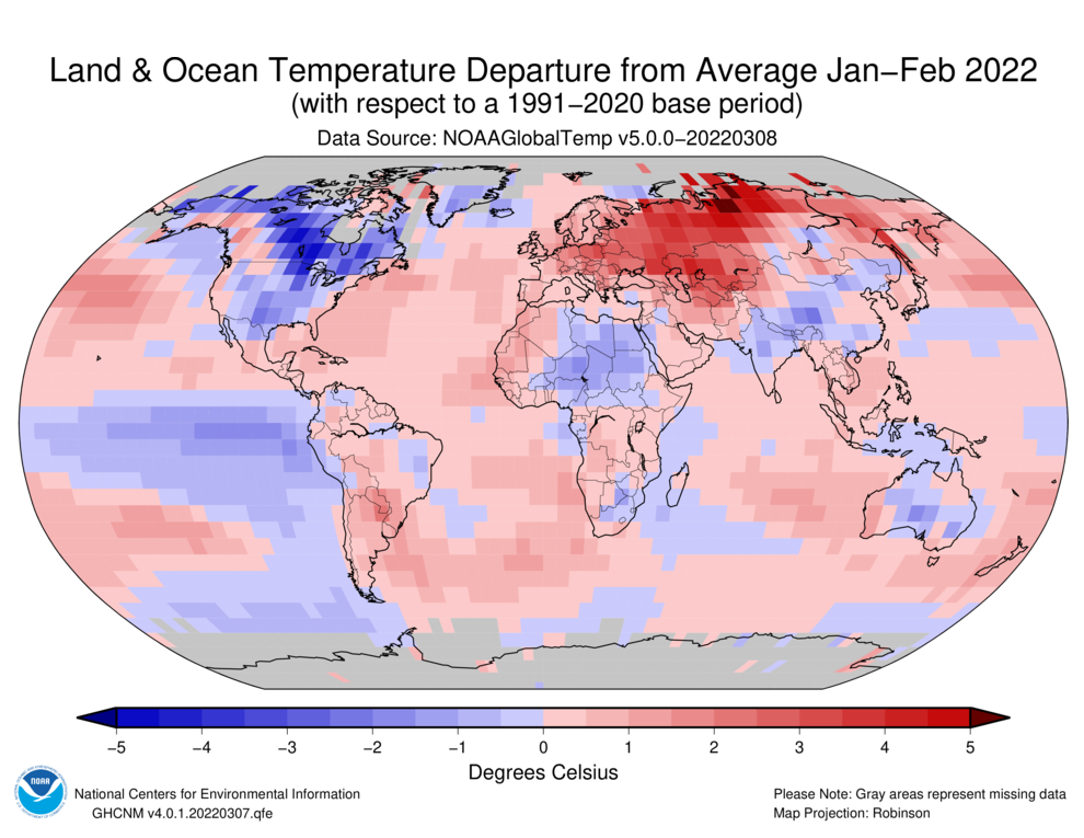 January–February 2022 Blended Land and Sea Surface Temperature Anomalies in degrees Celsius