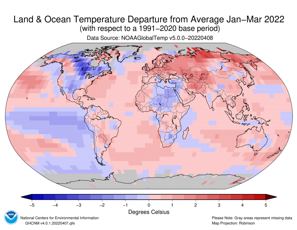 January–March 2022 Blended Land and Sea Surface Temperature Anomalies in degrees Celsius