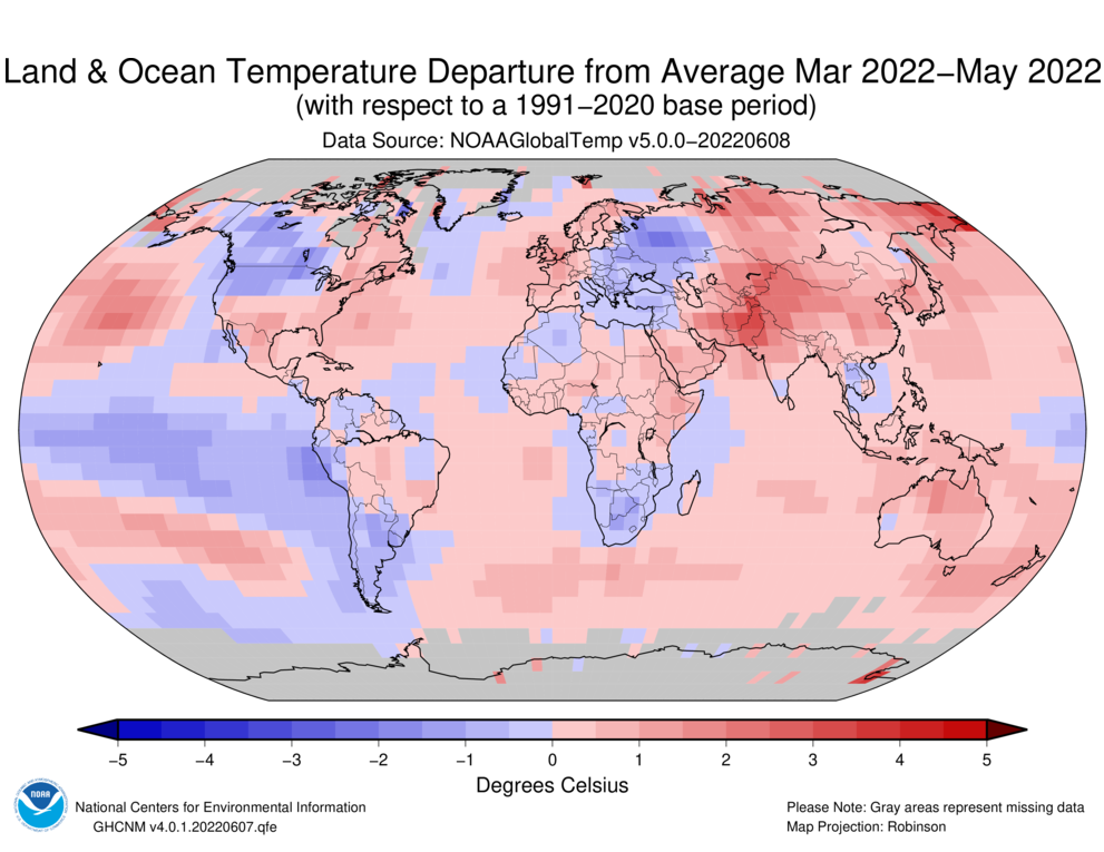 March–May 2022 Blended Land and Sea Surface Temperature Anomalies in degrees Celsius