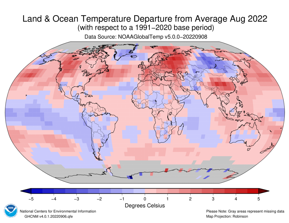 August 2022 Blended Land and Sea Surface Temperature Anomalies in degrees Celsius