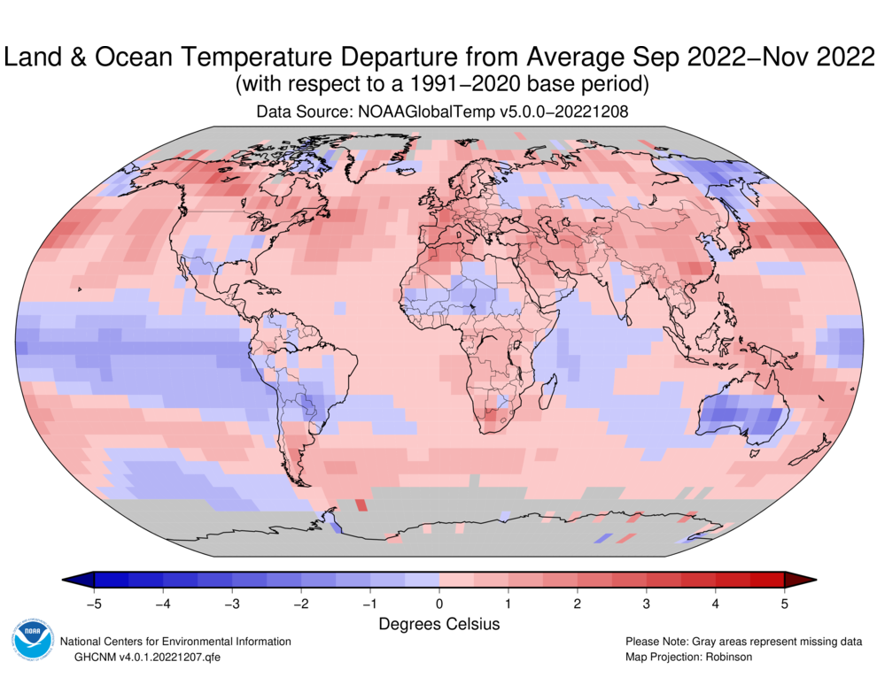 September–November 2022 Blended Land and Sea Surface Temperature Anomalies in degrees Celsius