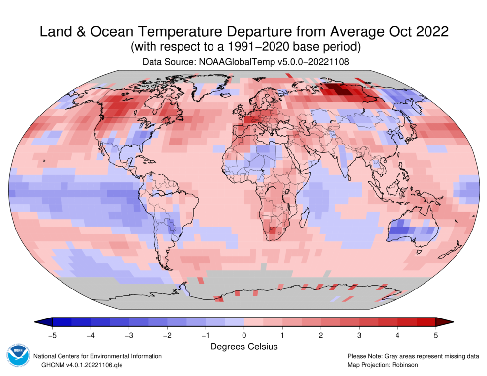 October 2022 Blended Land and Sea Surface Temperature Anomalies in degrees Celsius