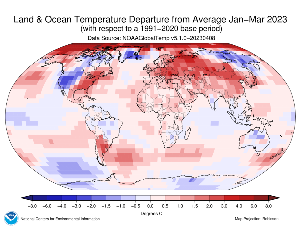 January–March 2023 Blended Land and Sea Surface Temperature Anomalies in degrees Celsius