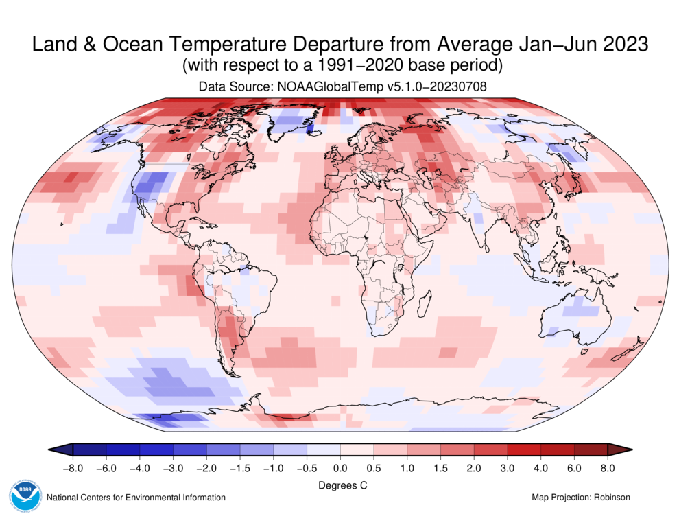 January–June 2023 Blended Land and Sea Surface Temperature Anomalies in degrees Celsius
