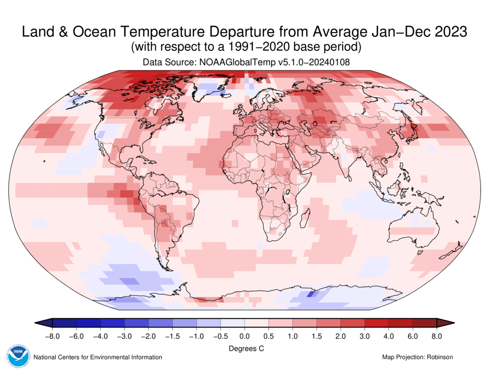 January–December 2023 Blended Land and Sea Surface Temperature Anomalies in degrees Celsius