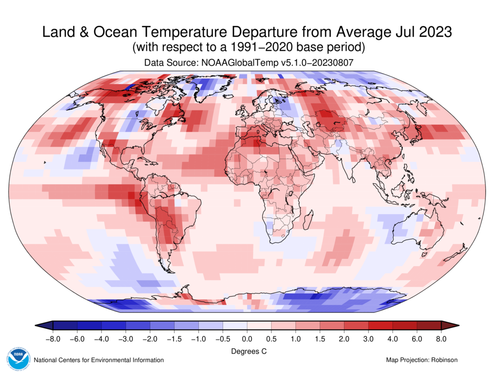 July 2023 Blended Land and Sea Surface Temperature Anomalies in degrees Celsius