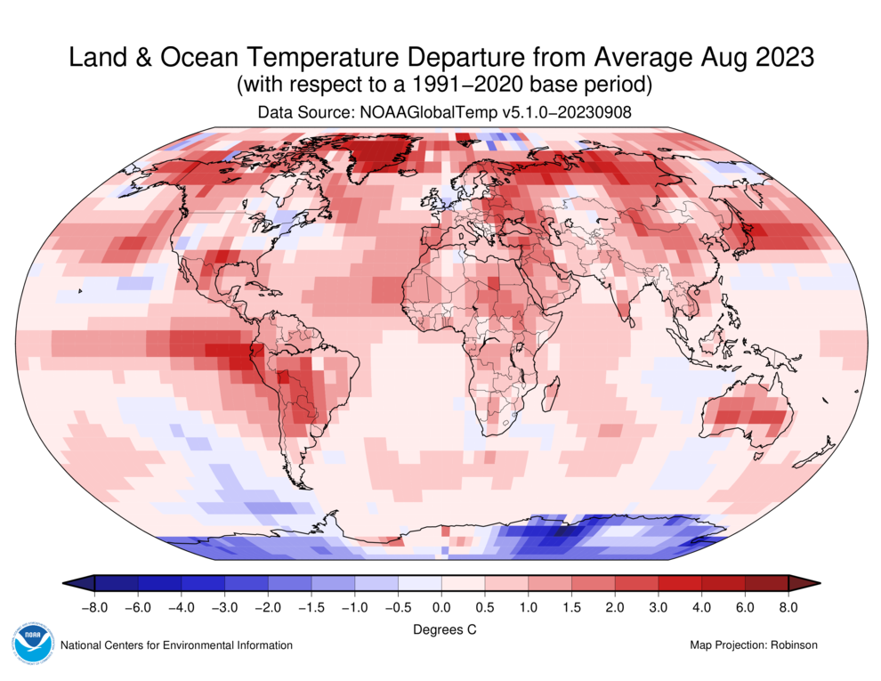 August 2023 Blended Land and Sea Surface Temperature Anomalies in degrees Celsius
