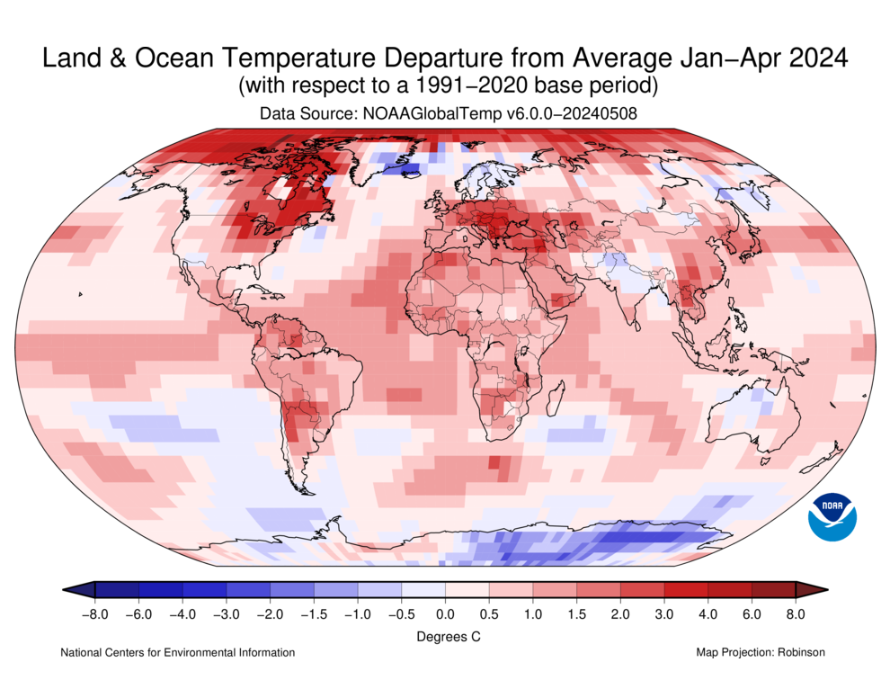 January–April 2024 Blended Land and Sea Surface Temperature Anomalies in degrees Celsius