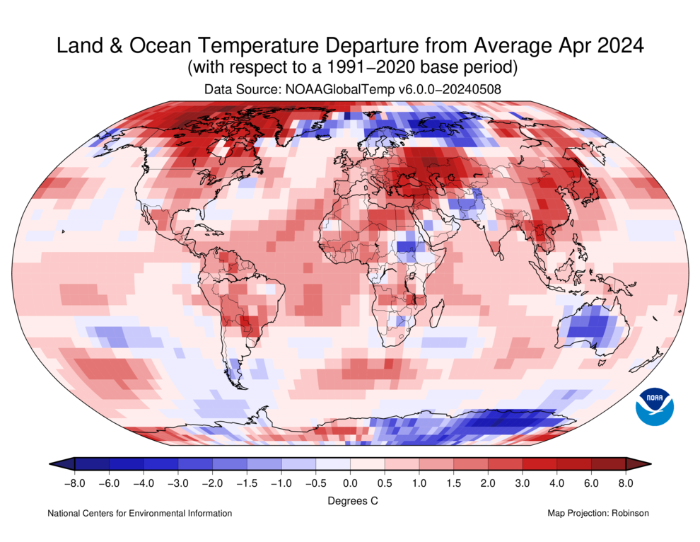 April 2024 Blended Land and Sea Surface Temperature Anomalies in degrees Celsius