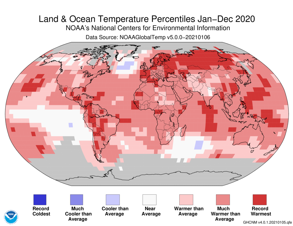 January-December 2020 Blended Land and Sea Surface Temperature Percentiles