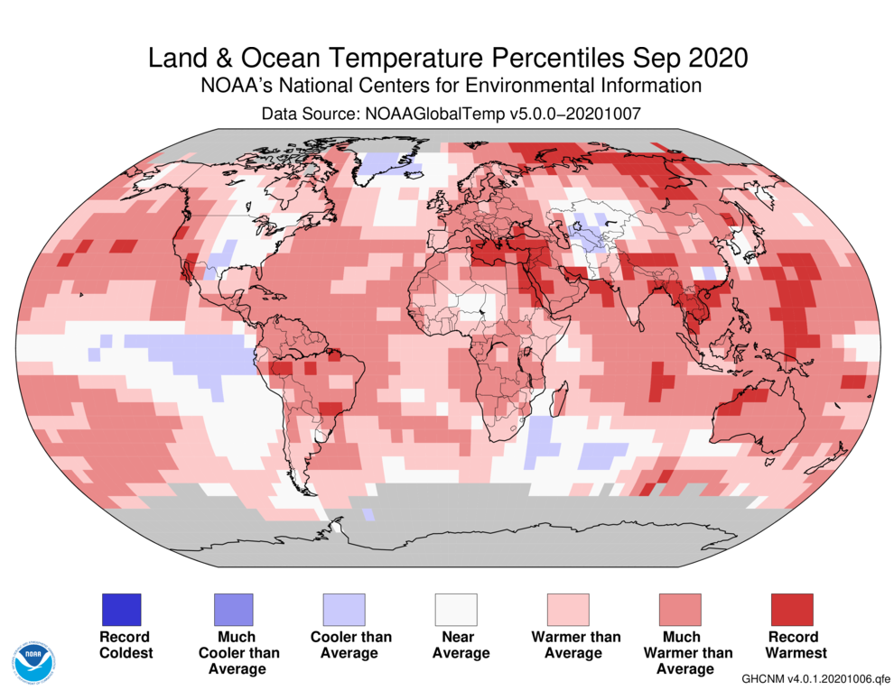 September 2020 Blended Land and Sea Surface Temperature Percentiles