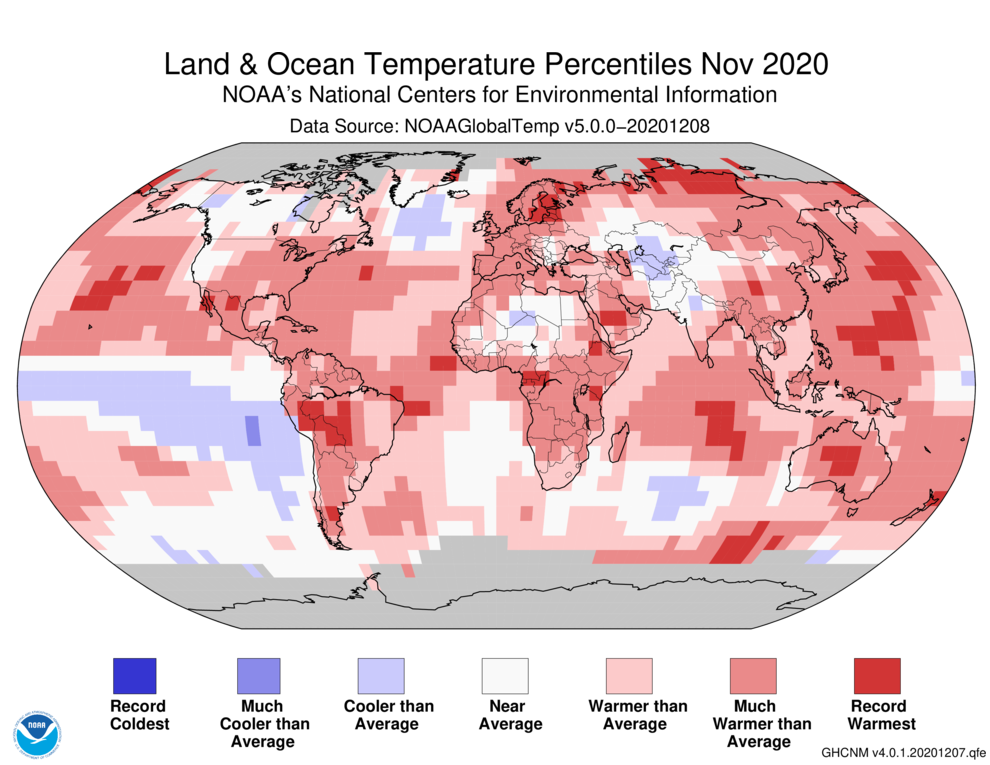 November 2020 Blended Land and Sea Surface Temperature Percentiles