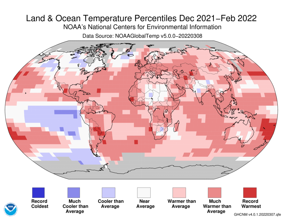 December 2021–February 2022 Blended Land and Sea Surface Temperature Percentiles