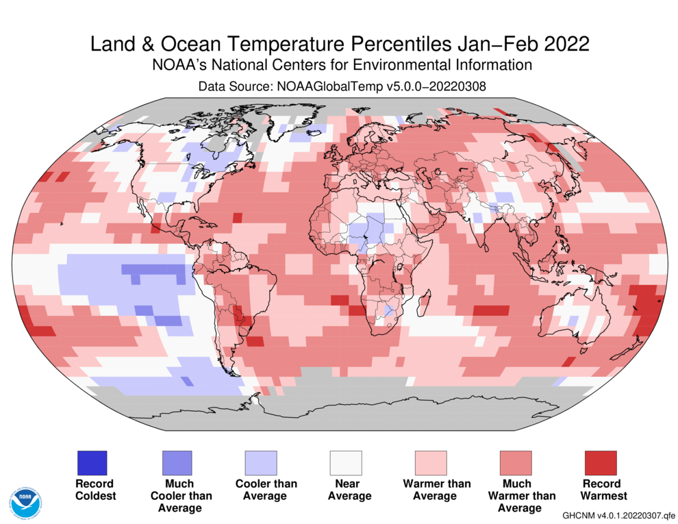 January–February 2022 Blended Land and Sea Surface Temperature Percentiles