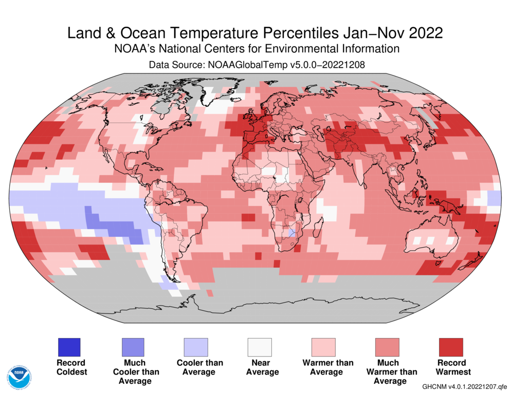 January–November 2022 Blended Land and Sea Surface Temperature Percentiles