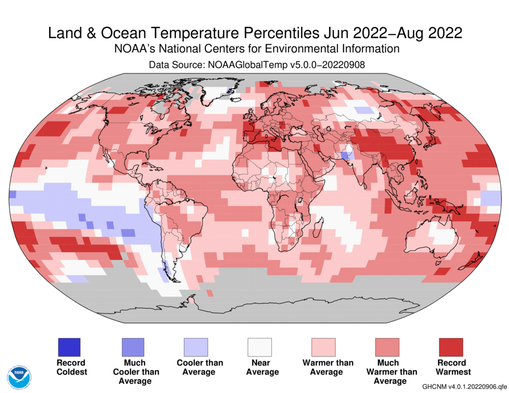 June–August 2022 Blended Land and Sea Surface Temperature Percentiles