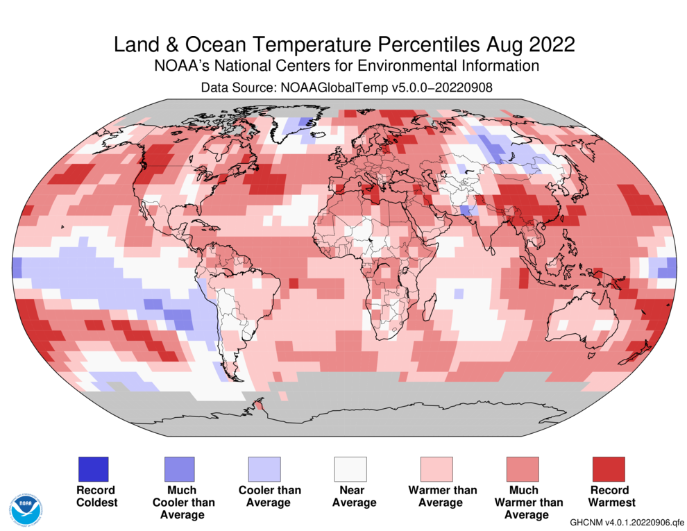 August 2022 Blended Land and Sea Surface Temperature Percentiles