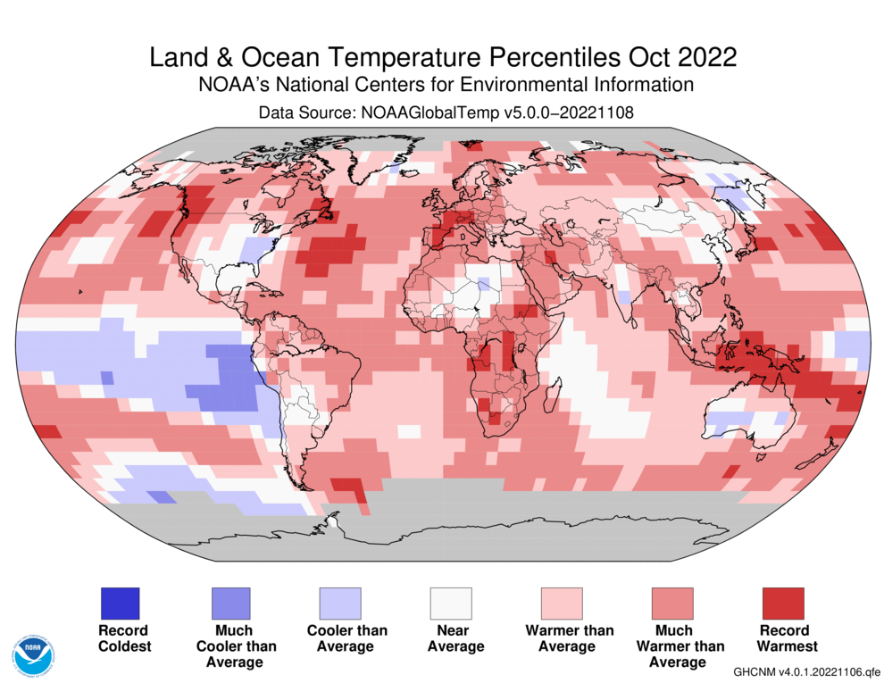 October 2022 Blended Land and Sea Surface Temperature Percentiles