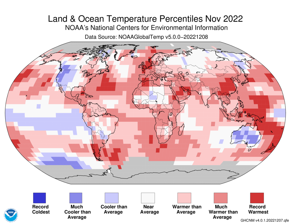 November 2022 Blended Land and Sea Surface Temperature Percentiles