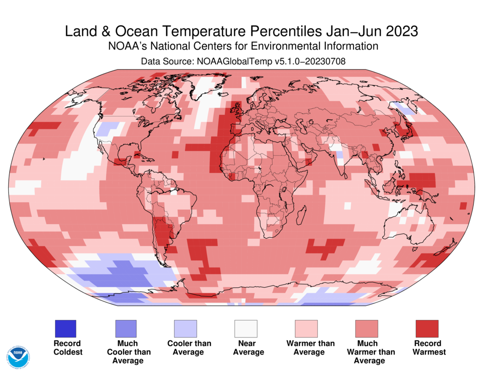 January–June 2023 Blended Land and Sea Surface Temperature Percentiles
